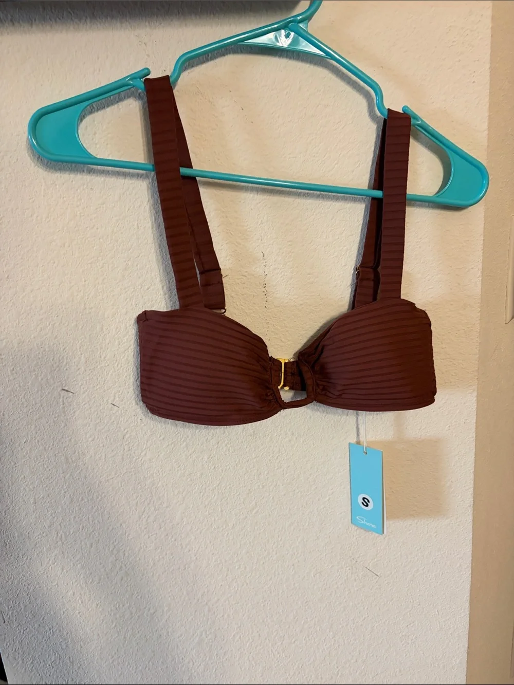 Ribbed Brown Bandeau Bikini Top with Center Gold Accent
